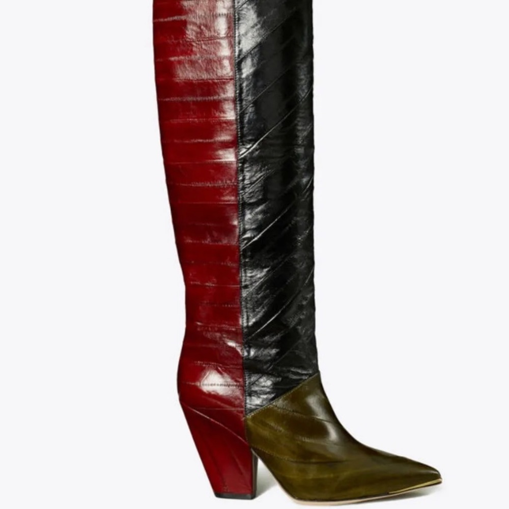 TORY BURCH LILA TALL BOOTS EEL LEATHER COLOR OLIVE/BLK/WINE 90MM HEEL US 8 1/2 - Picture 2 of 6